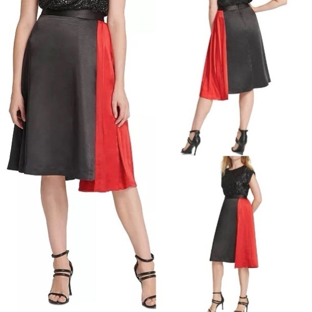 DKNY Womens Black Color Block Midi A-Line Skirt